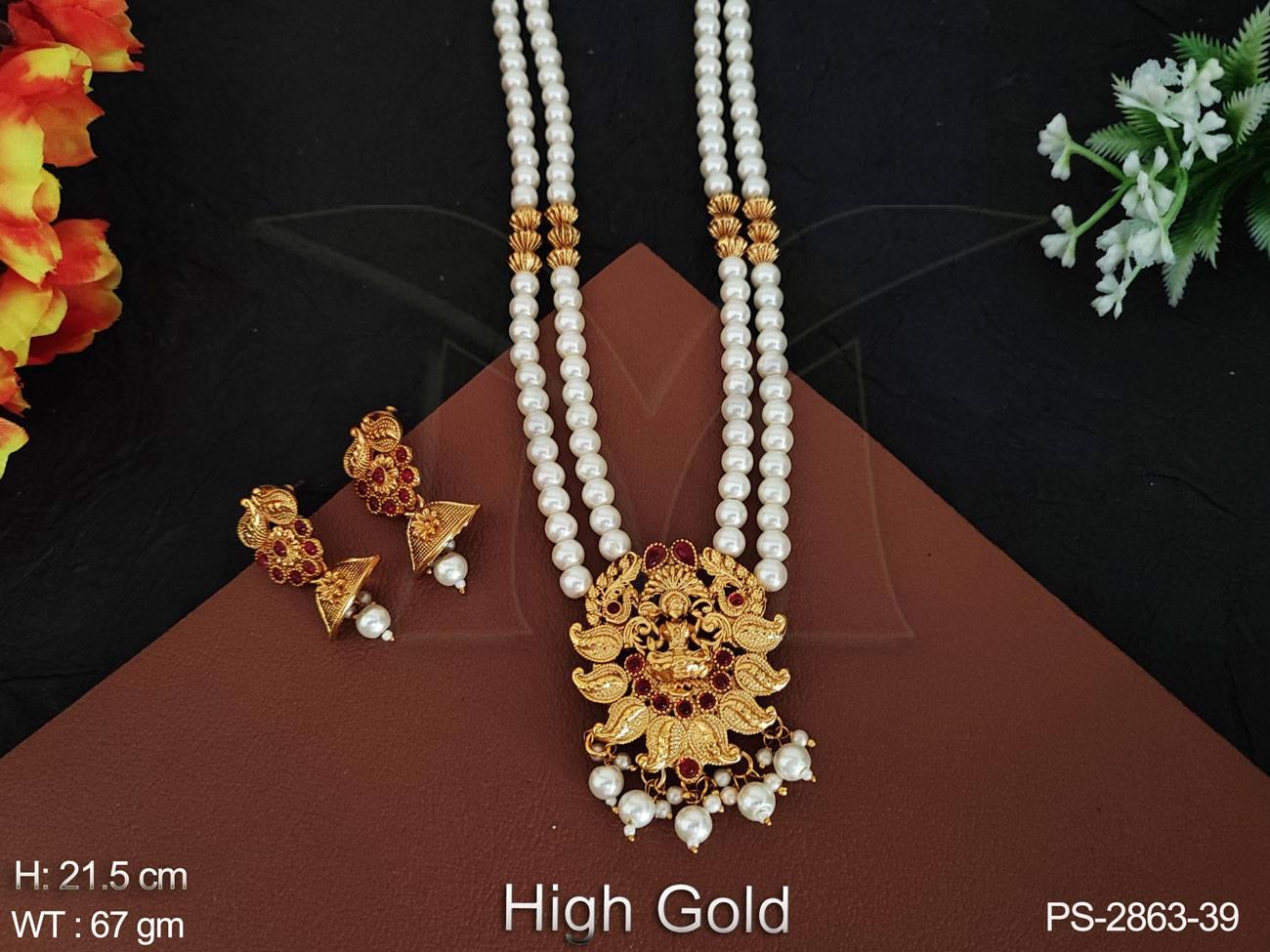 Temple Jewellery God Laxmi Pendant High Gold Polish Beautiful Clustered Pearl Long Temple Pendant Set