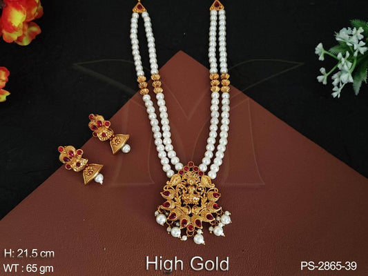 Clustered Pearl God Laxmi Design Pendant High Gold Polish Designer Long Temple Jewelery Temple Pendant Set