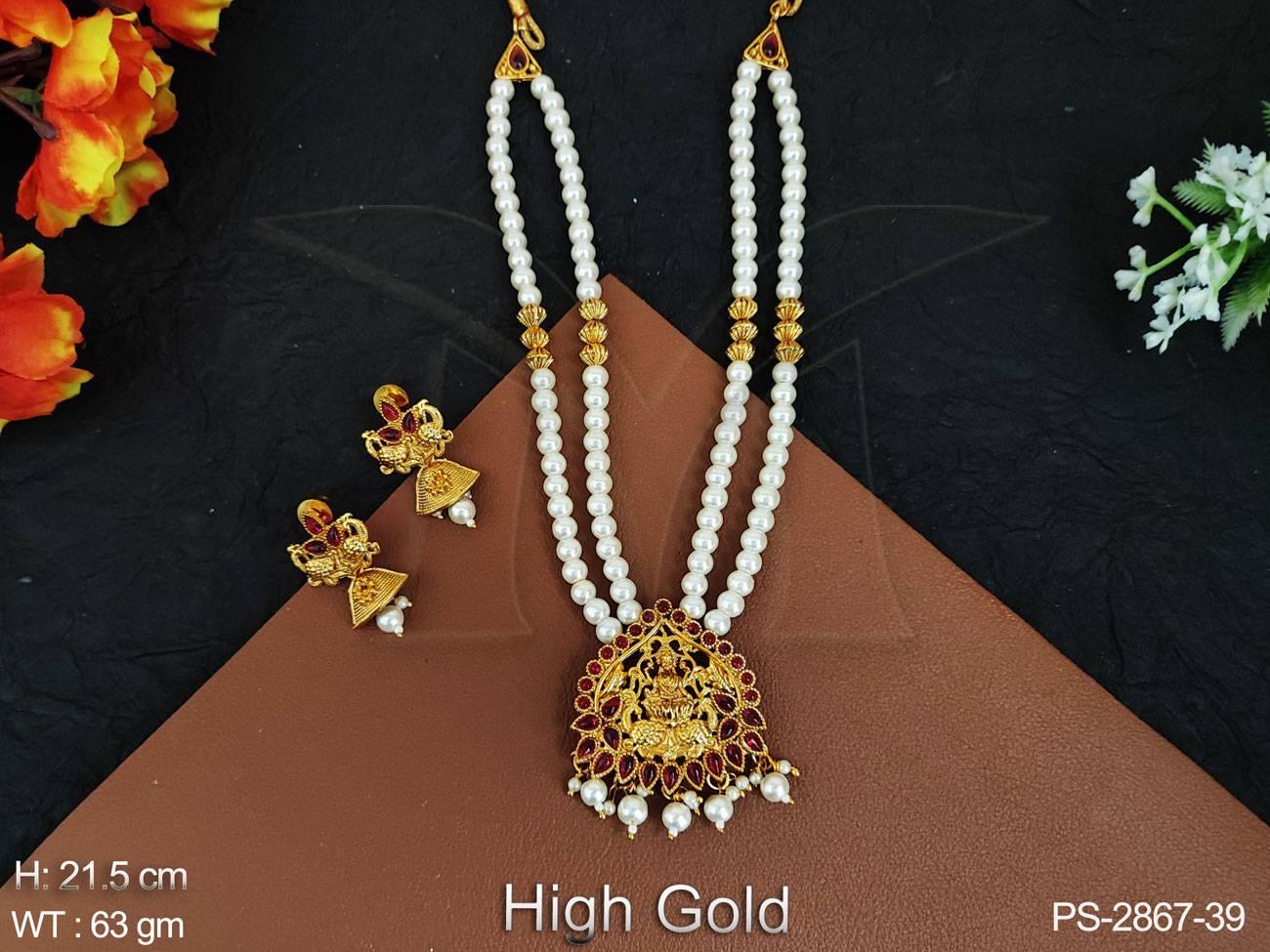 Clustered Pearl High Gold Polish Fancy Design God Laxi Pendant Designer Long temple JEwelelry Temple Pendant Set