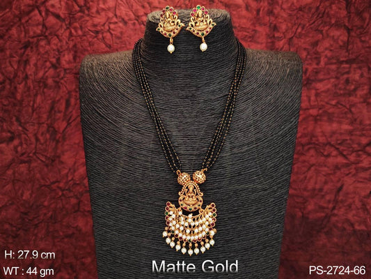 Beautiful Pendant Design Clustered Pearl Matte Gold Polish Long Temple Pendant Set