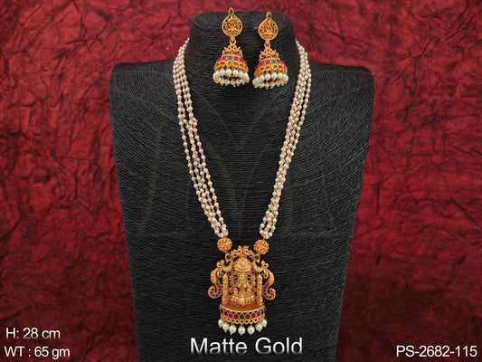 Beautiful Designer Laxmi Pendant Matte Gold Polish Party wear Long Temple Pendant Set