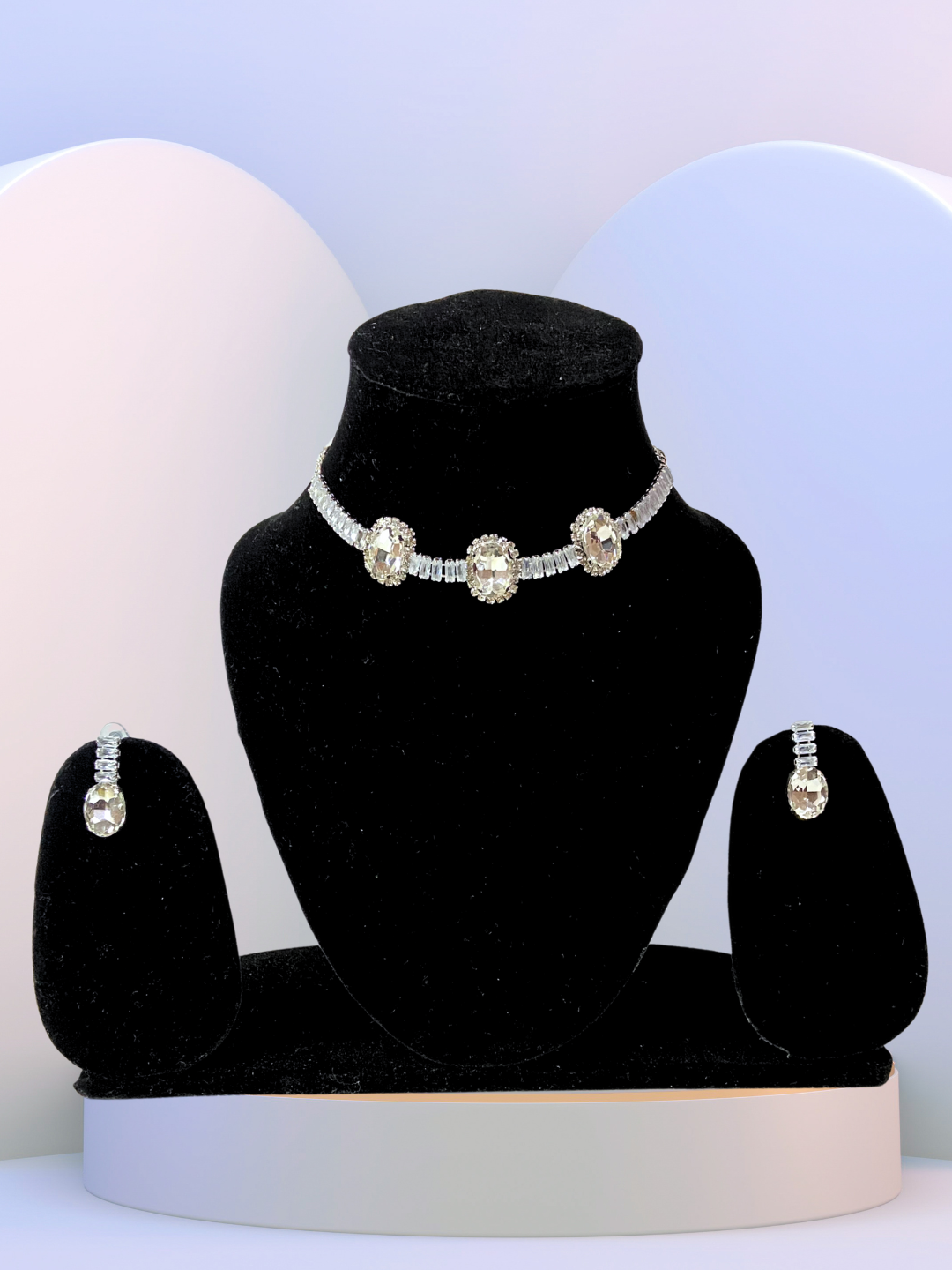 Minimalist Oval Choker Set | White Ruby Stones with Zircon Detailing