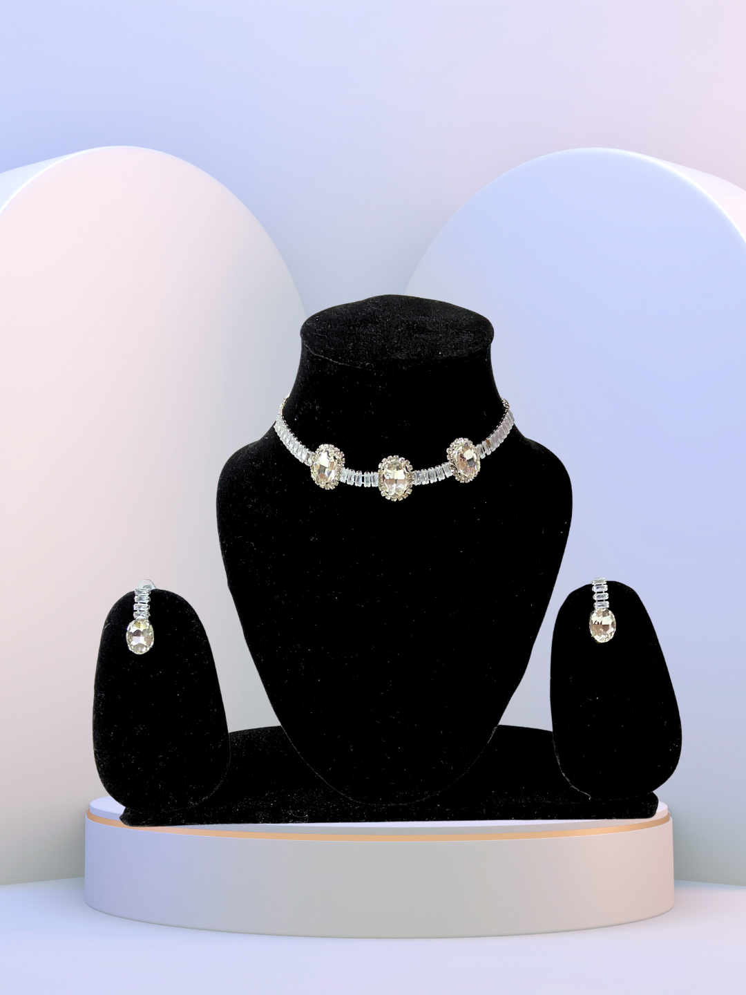 Minimalist Oval Choker Set | White Ruby Stones with Zircon Detailing