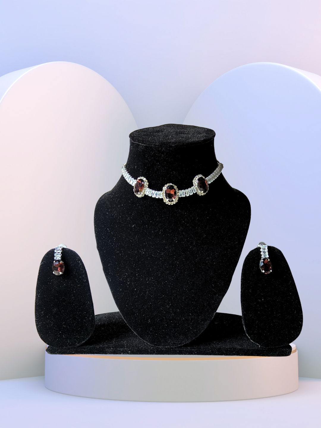 Minimalist Oval Choker Set | Brown Ruby Stones with Zircon Detailing