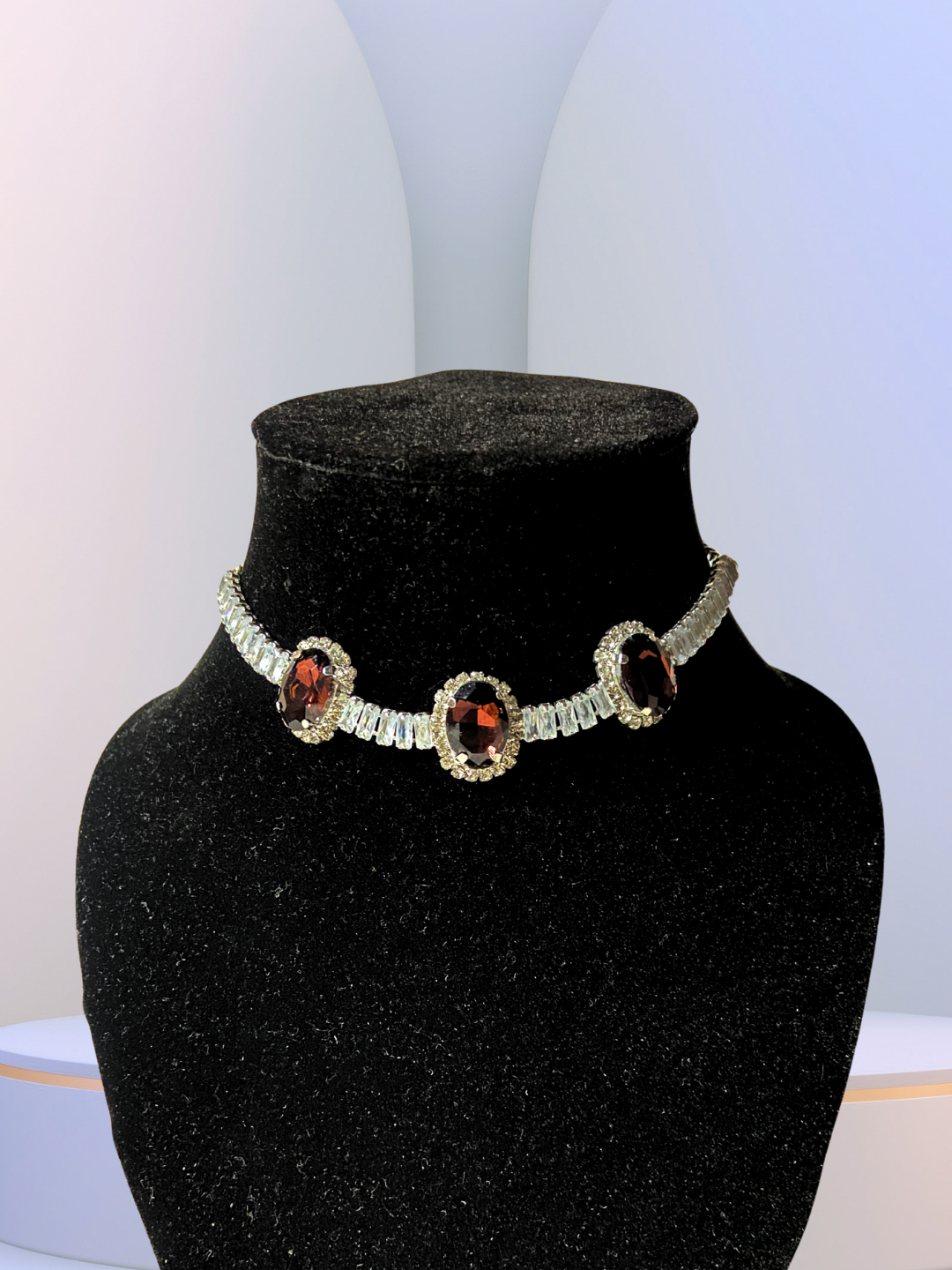 Minimalist Oval Choker Set | Brown Ruby Stones with Zircon Detailing