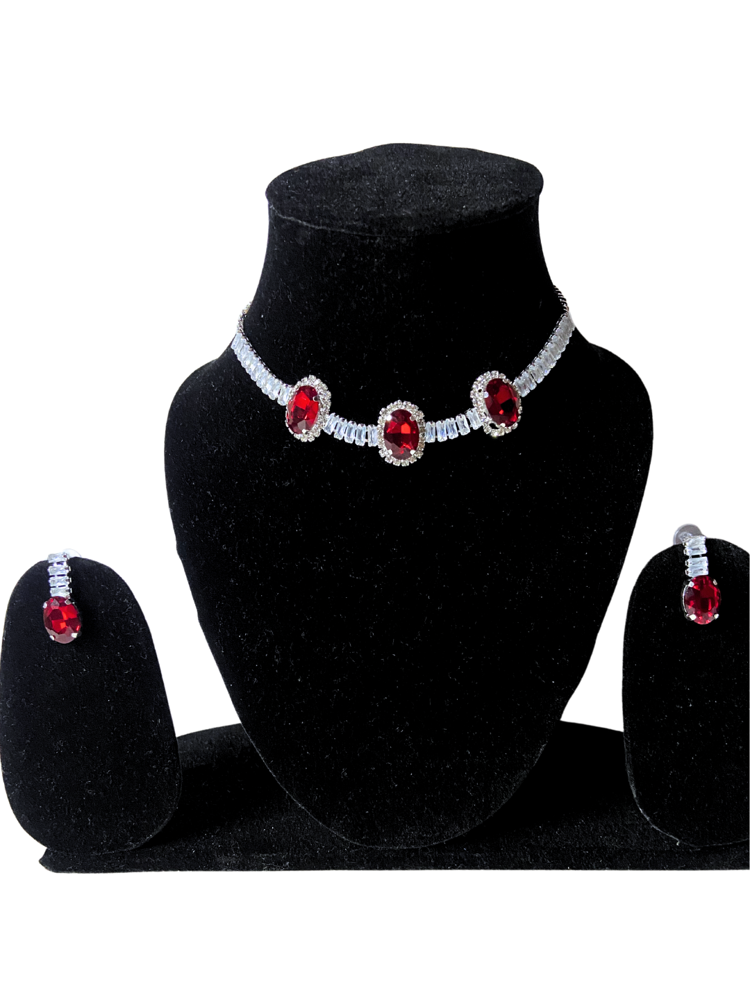 Minimalist Oval Choker Set | Red Ruby Stones with Zircon Detailing