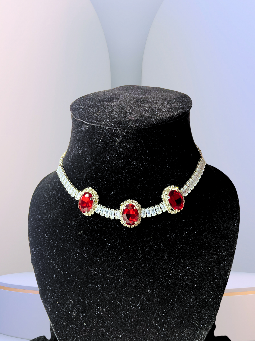 Minimalist Oval Choker Set | Red Ruby Stones with Zircon Detailing