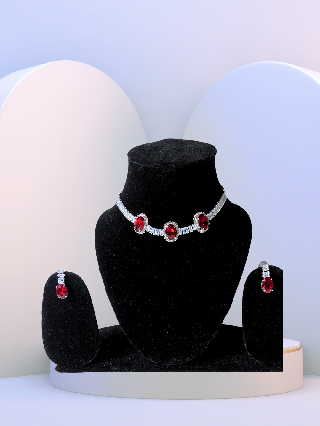 Minimalist Oval Choker Set | Red Ruby Stones with Zircon Detailing