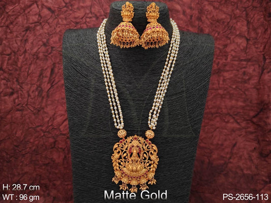 Matte Gold Polish Beautiful Laxmi Design Clustered Pearl Long Temple Pendant Set