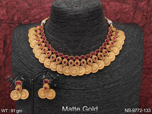 God Laxmi Coin Matte Gold Polish Designer Beautiful Temple Necklace Set