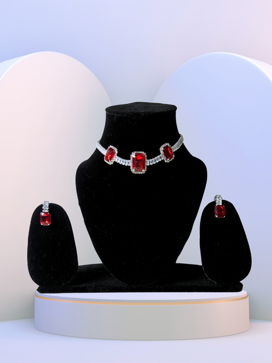 Minimalist Square Choker Set | Red Zircon Stones with Elegant Detailing