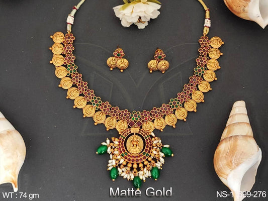Designer Fancy Style Party wear Matte Gold Polish Gold Laxmi Desing Temple Coin Necklace Set