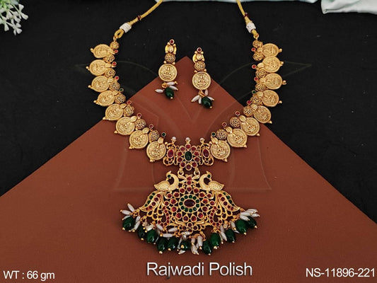 Designer Fancy Style Rajwadi Polish Laxmi Coin Design Clustered Pearl Temple Jewellery Short Necklace Set