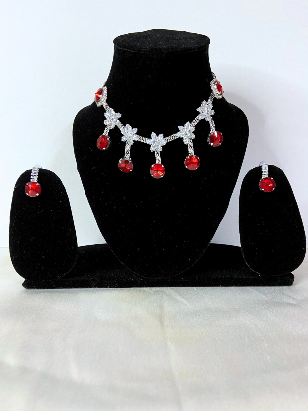 Minimalist Choker Set | White Crystal Stars with Red Ruby Stones Design