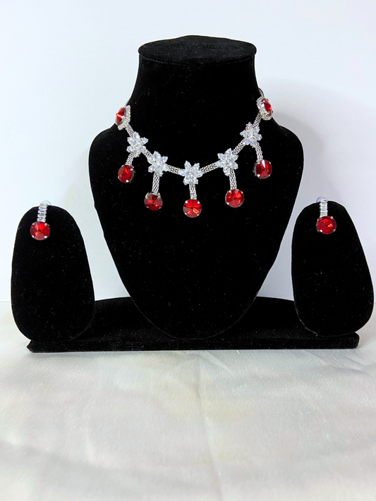 Minimalist Choker Set | White Crystal Stars with Red Ruby Stones Design
