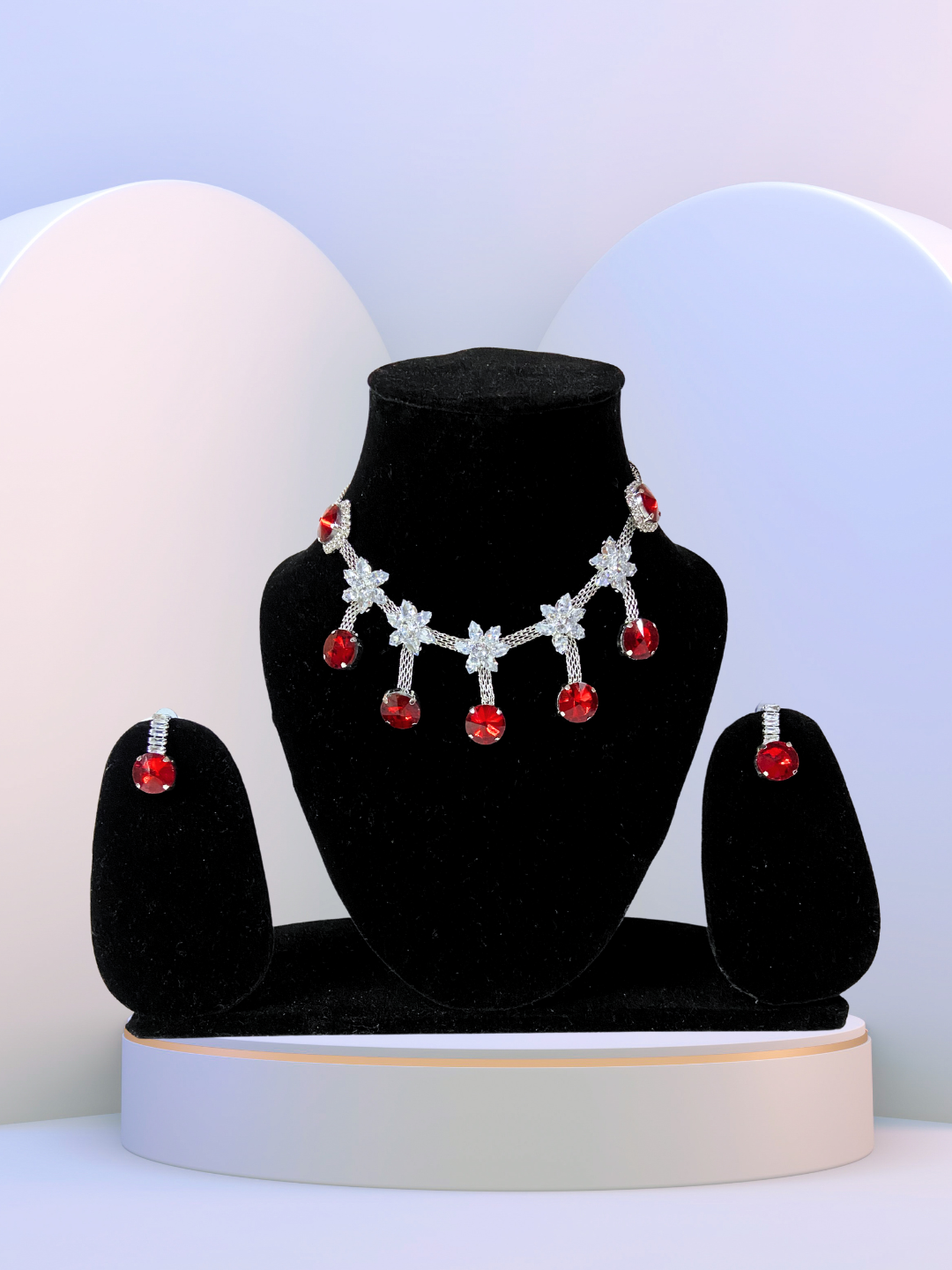 Minimalist Choker Set | White Crystal Stars with Red Ruby Stones Design