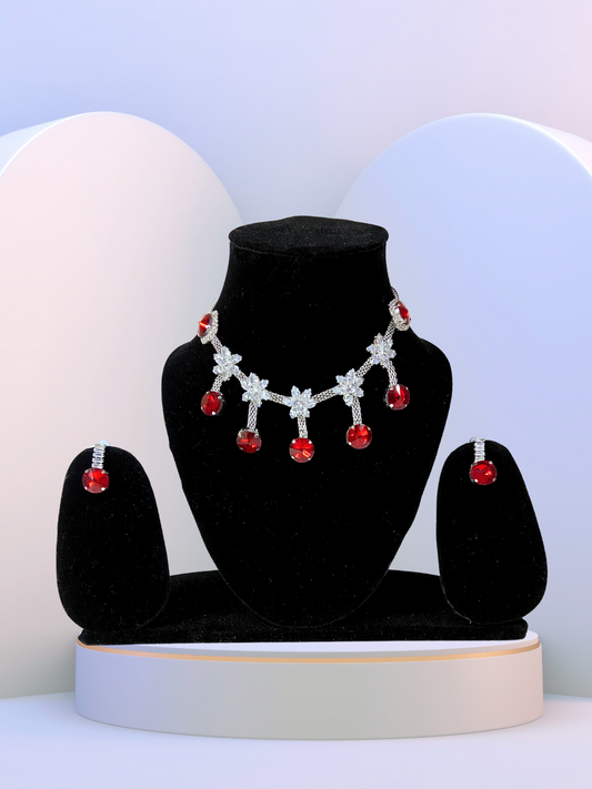 Minimalist Choker Set | White Crystal Stars with Red Ruby Stones Design