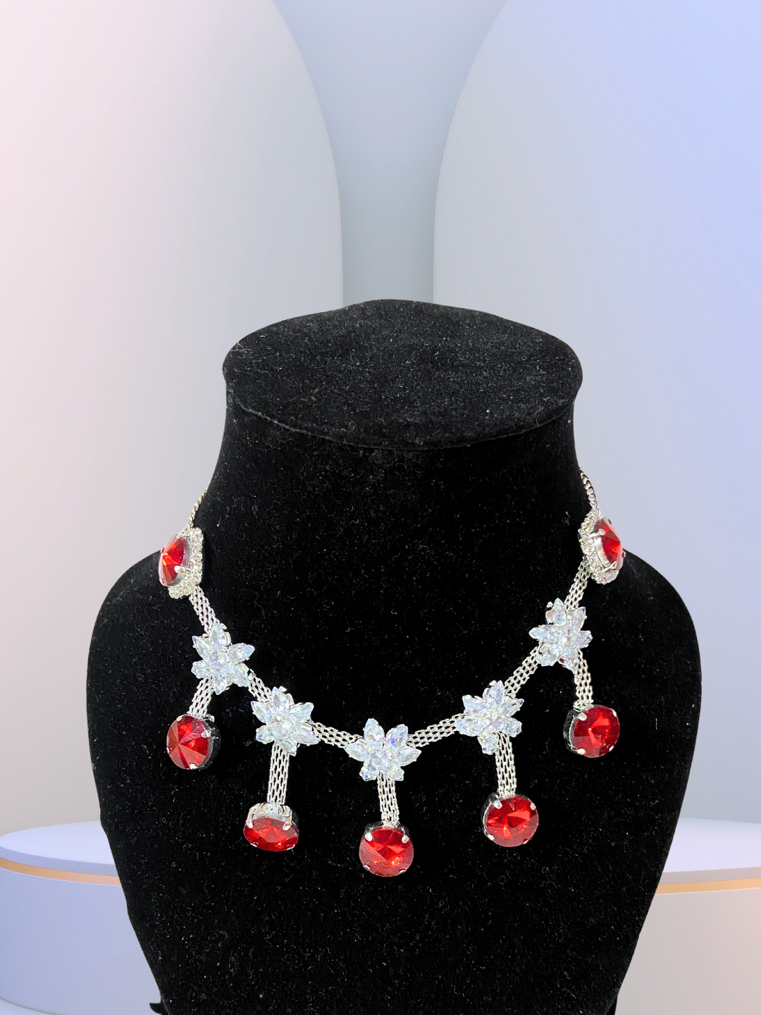 Minimalist Choker Set | White Crystal Stars with Red Ruby Stones Design