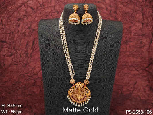 Beautiful clustered Pearl Gold Laxmi Design Pendant Matte Gold Polish Long Pendant Set