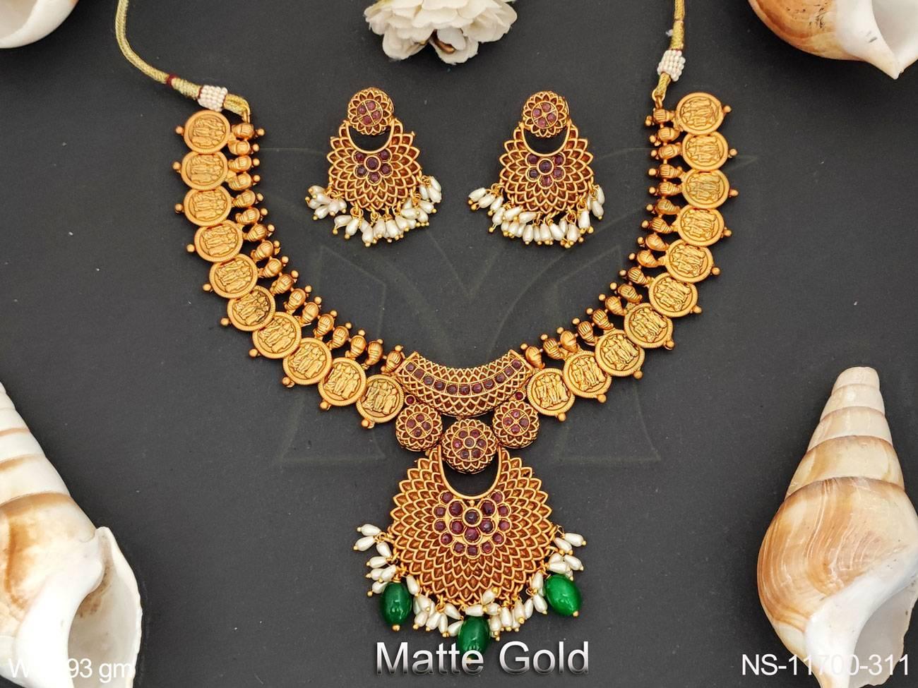 God Ram Sita Family Temple Jewellery Matte Gold Polish Temple Coin Necklace Set