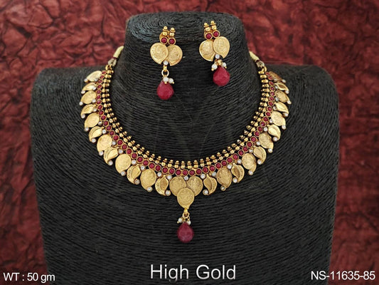 Temple Jewelry High Gold Polish God Laxmi figure Beautiful Coin Temple Short Necklace Set