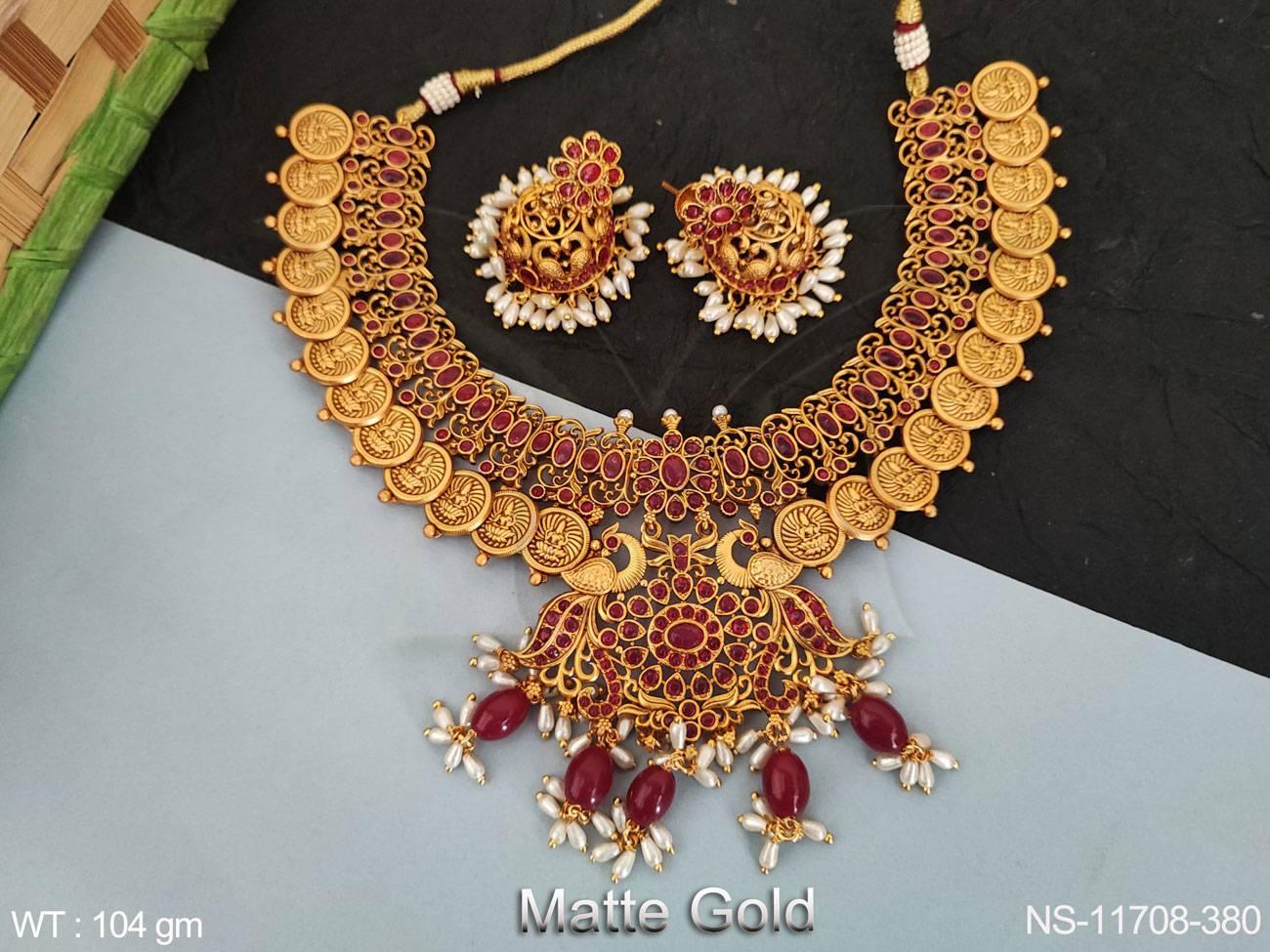 Fancy Style Party wear Beautiful Temple Laxmi Design Matte Gold Polish Temple Jewellery Coin Necklace Set