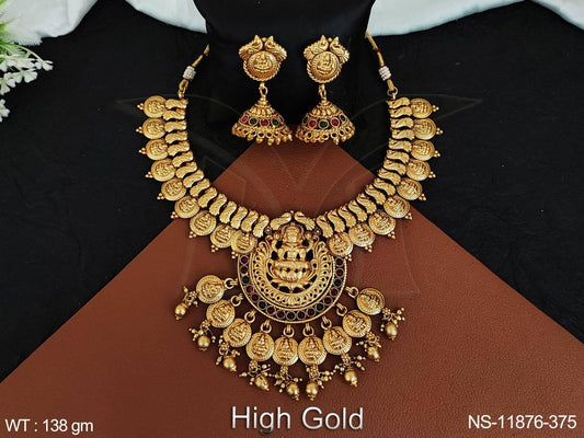 Designer Fancy Style God Laxmi Pendant Temple Jewellery Temle Coin Heavy Short Necklace Set