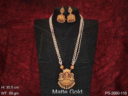 Designer Fancy Style Laxmi Pendant Matte Gold Polish Long Temple Pendant Set
