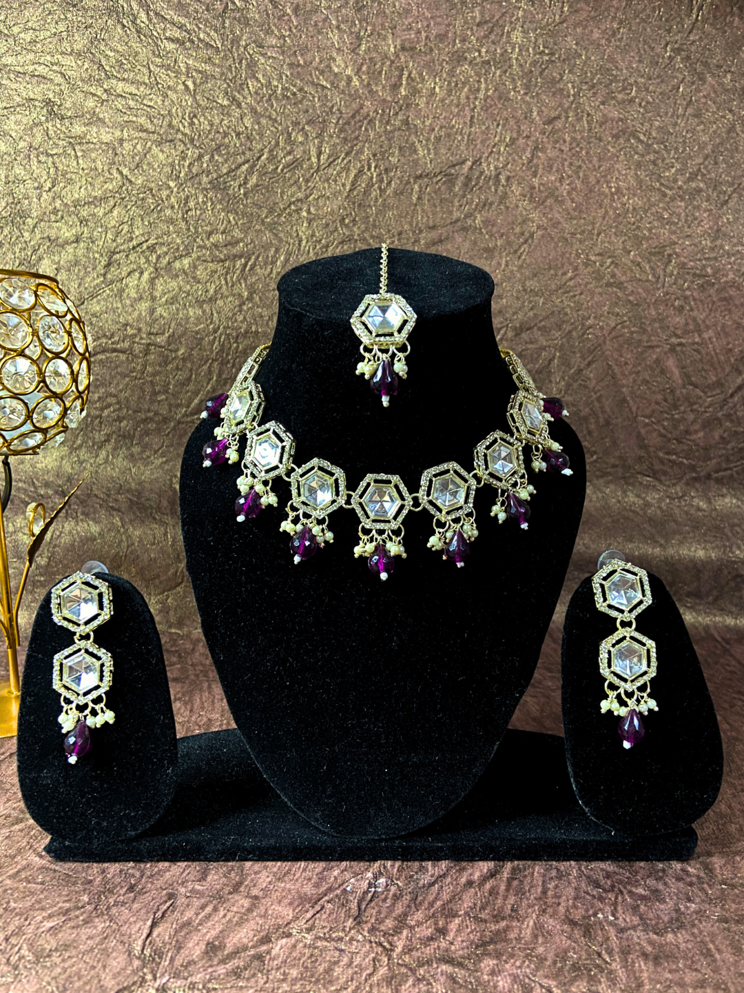 Kundan Wedding Set - Earrings, Maang Tikka & Neckpiece with White Kundan Stones and Gold Plating