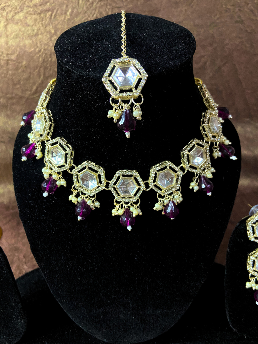 Kundan Wedding Set - Earrings, Maang Tikka & Neckpiece with White Kundan Stones and Gold Plating