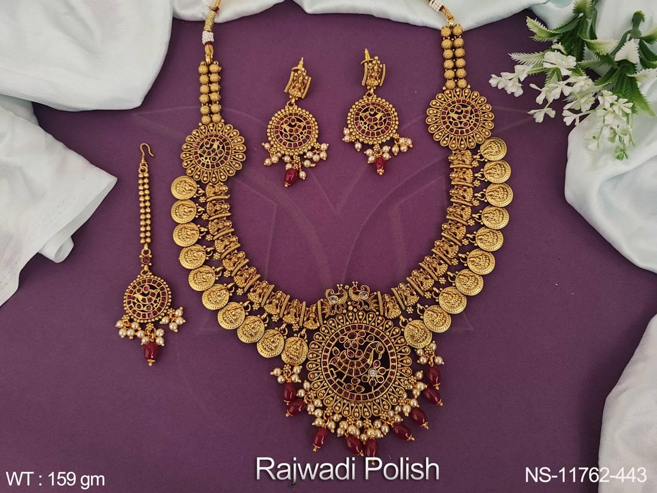 Designer Rajwadi Polish Fancy Style Laxmi Desing Coin Temple Jewellery Long Necklace Set