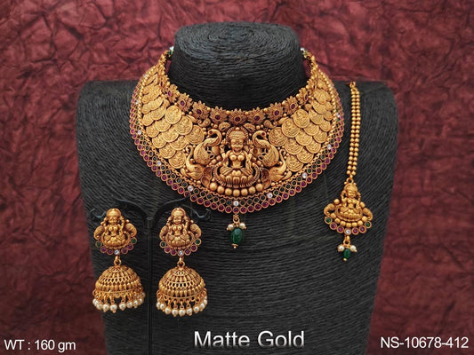 Fancy Design Matte Gold Polish Laxmi Coin Choker Temple Necklace Set