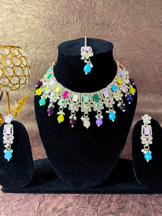 Multi-Colour Kundan Wedding Set - Neckpiece, Maang Tikka, and Earrings