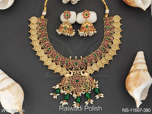 Rajwadi Polish Fancy Desing Party wear Beautiful Heavy Laxmi coin Desing Temple Coin Necklace Set