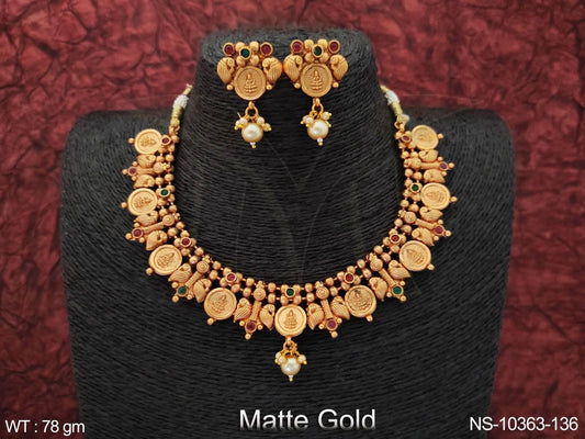 God Laxmi Coin Matte Gold Polish Designer Beautiful Temple Coin Short Necklace Set