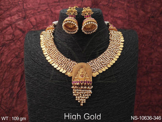 Designer Fancy Style High Gold Polish Temple Jewellery Beautiful Short Temple Necklace Set