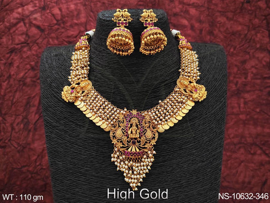 Designer Temple Jewellery Fancy style High Gold Polish Temple Coin Long Necklace Set