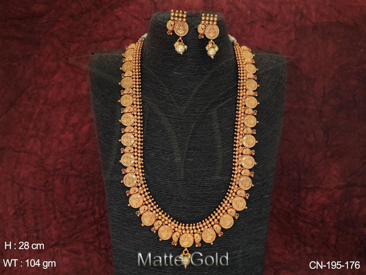 Beautiful Stylish Designer Matte Gold Polish Long Coin Necklace Set