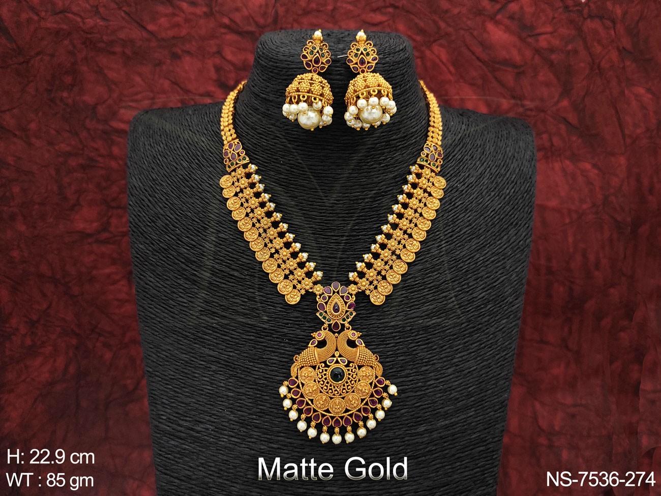 Beautiful Coin Laxmi Peacock Design Matte Gold Polish Clustered Pearl Kemp Jewelry Long Necklace Set