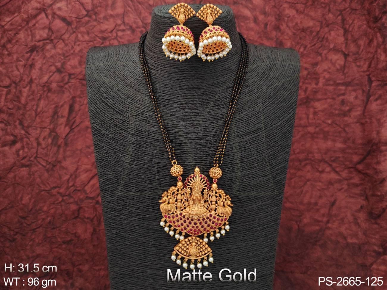 Beautiful Laxmi Design Clustered Pearl Designer Long Temple Pendant Set