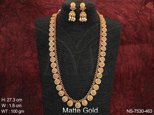 Beautiful Temple Jewelry Coin Laxmi Design Matte Gold Polish Long Necklace Set