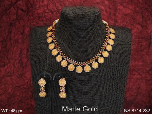 Beautiful Coin Design Full Stones Matte Gold Polish Temple Necklace Set