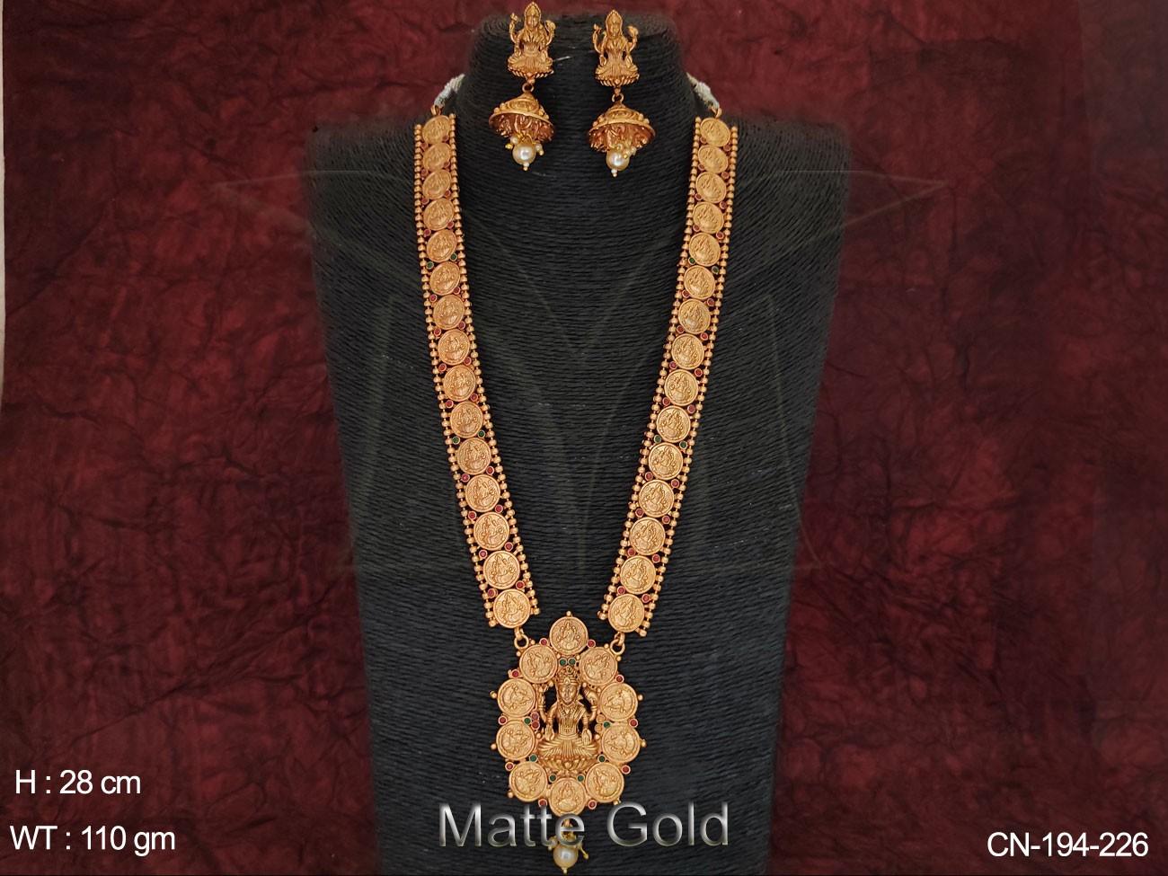 Designer Traditional Matte Gold Polished Long Coin Necklace Set