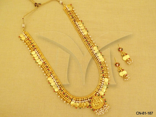 long triangular laxmi ji coin temple necklace set