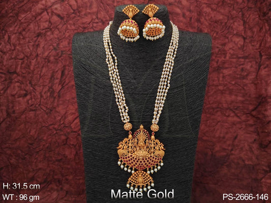 Designer Matte gold Polish Beautiful Laxmi Design Pendant Long Party wear Temple Pendant Set