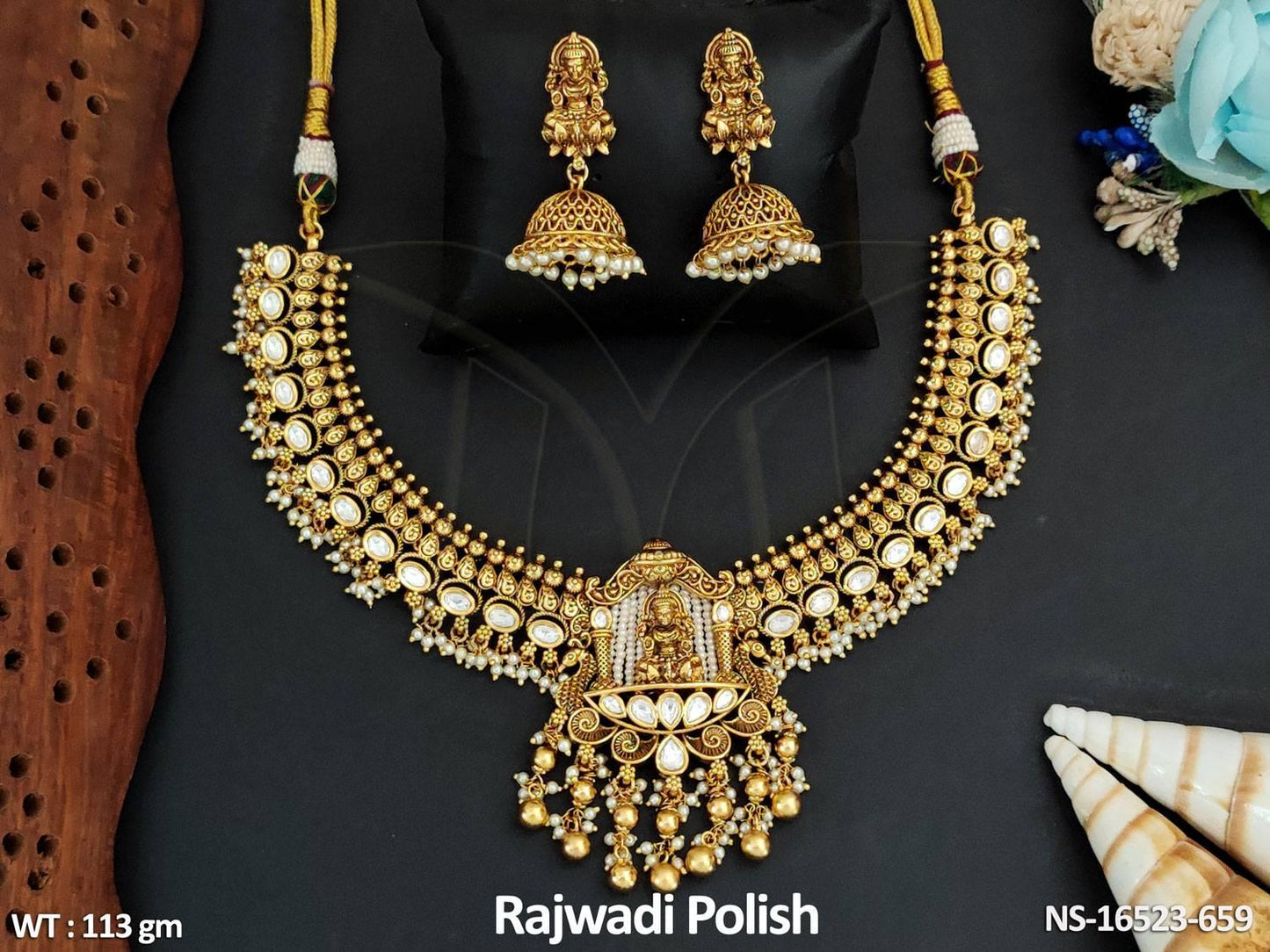 Temple Jewellery Rajwadi Polish Fancy Style Clustered Pearl Party Wear Necklace Set