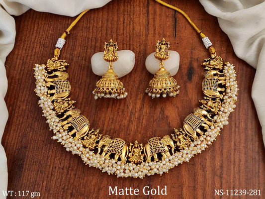 Matte Gold Polis Fancy Style God Laxmi Design Clustered Pearl Temple Jewellery Short Necklace Set