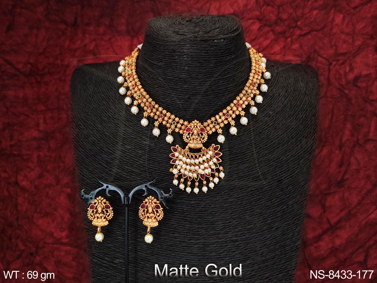 Beautiful Laxmi Pendant Clustered Pearl Desinger Party wear Fancy Style Temple Necklace Set