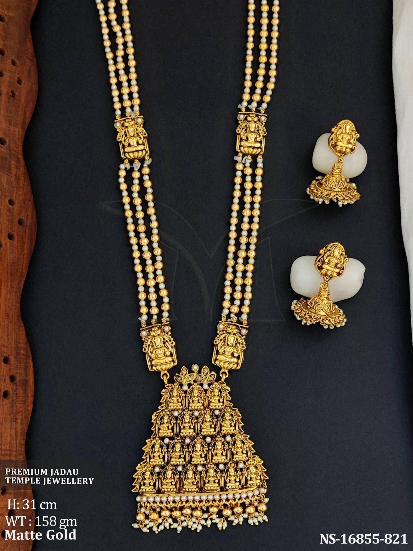 Beautiful Designer Matte gold Polish Full Stone Party Wear Long Necklace Set