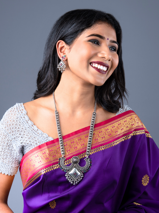 Oxidised Jewellery Set with Intricate Pendant and Green-Pink Stones | Antique Contemporary Style